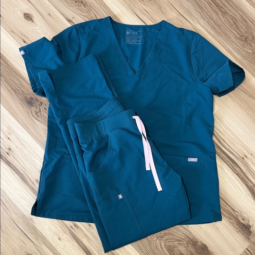 Figs Teal Scrub Set with Pink Accent